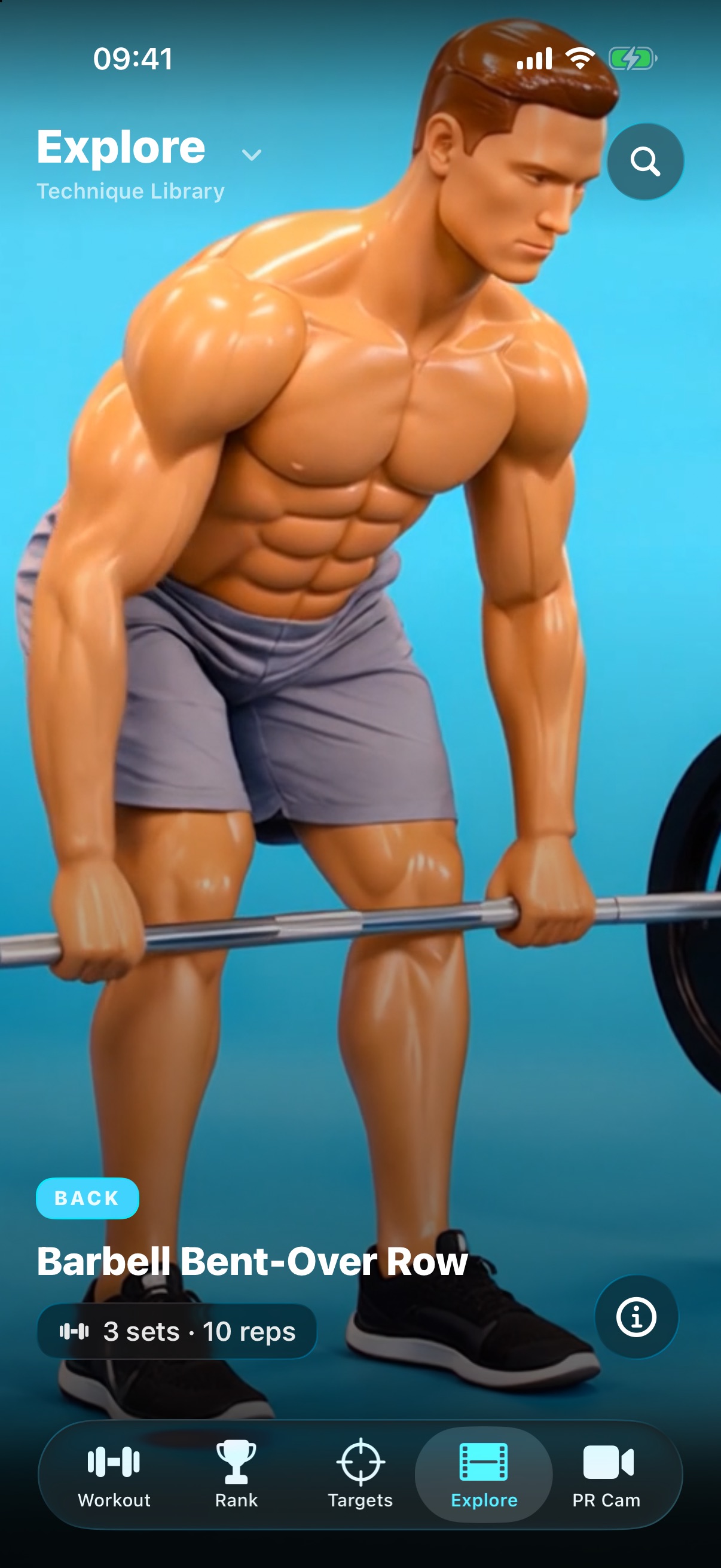 The Explore tab playing a technique video for the barbell bent-over row, with the muscle group and set scheme overlaid.