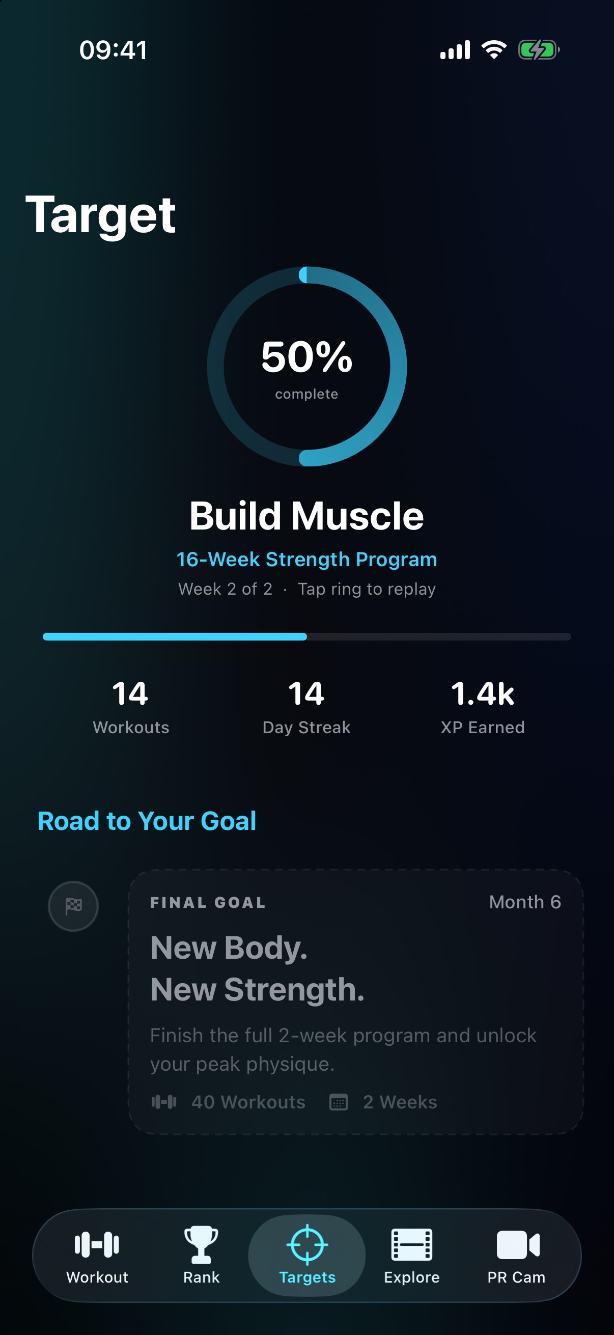The Targets tab, showing a progress ring for the current goal with workouts completed, day streak and milestones underneath.
